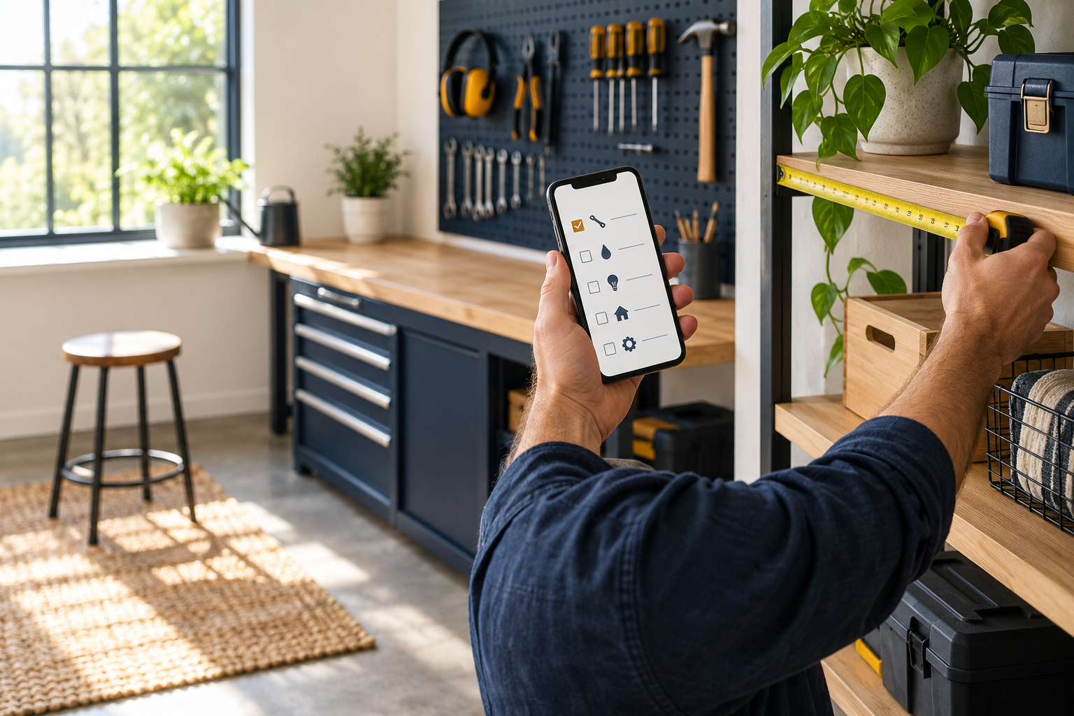 Homeowner checking a phone while measuring a workshop shelf
